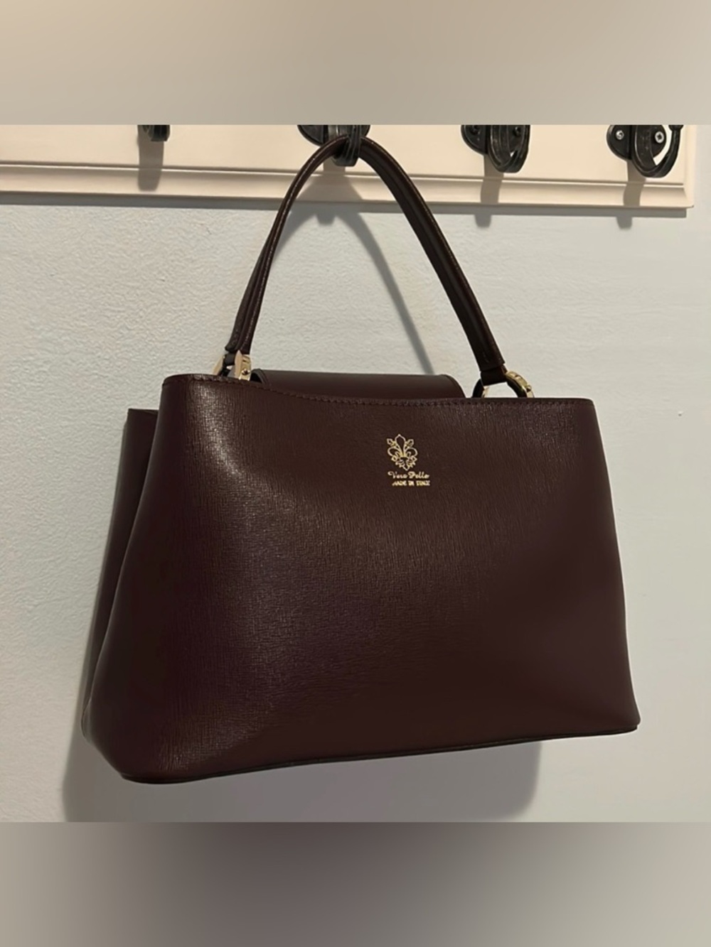 Vera Pelle Dark Brown Saffiano Leather Top-Handle Satchel